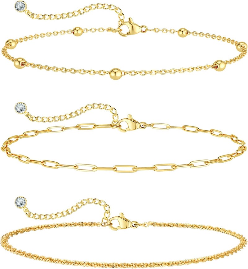 MIDEEO Gold/Silver Ankle Bracelets for Women,14K Gold Anklets for Women Waterproof Cuban Link Heart Beads Herringbone Rhinestone Anklets Set Layered Anklet Bracelets for Women Gold Jewelry Gift - Image 1